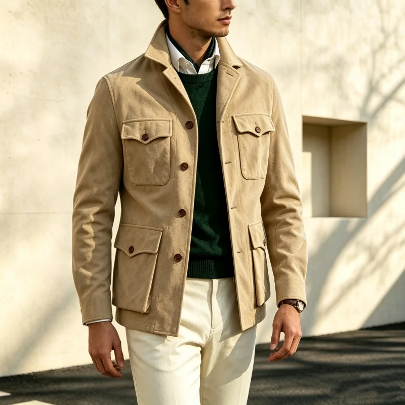 Men's Suede Blazer Vintage Multi Pocket Double Breasted Suit Jacket High Quality Casual Sport Coat Wedding Party Daily Wear