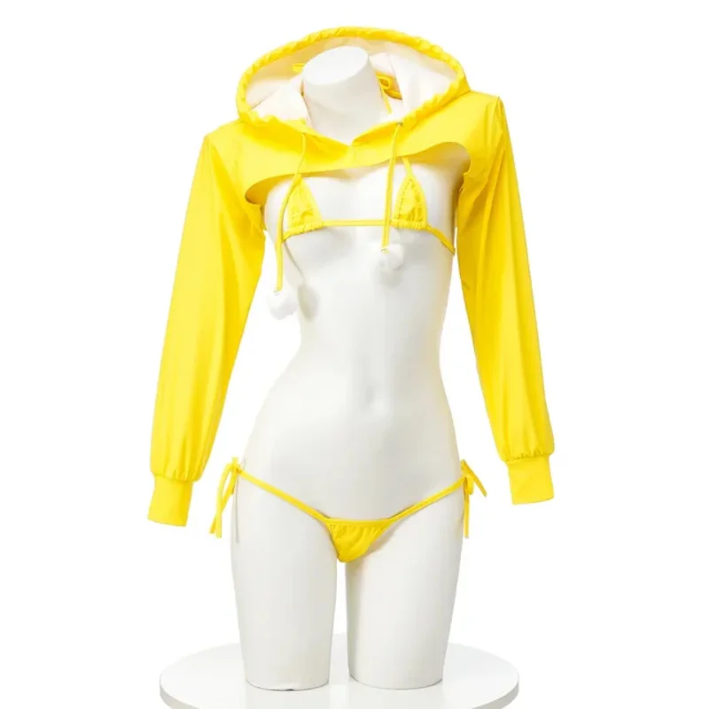 2025 New Anime Pu Leather Bikini Set Hoodie Top Cosplay Costume Sexy Japanese Girl Underwear Nightgown Role Play Student Outfits