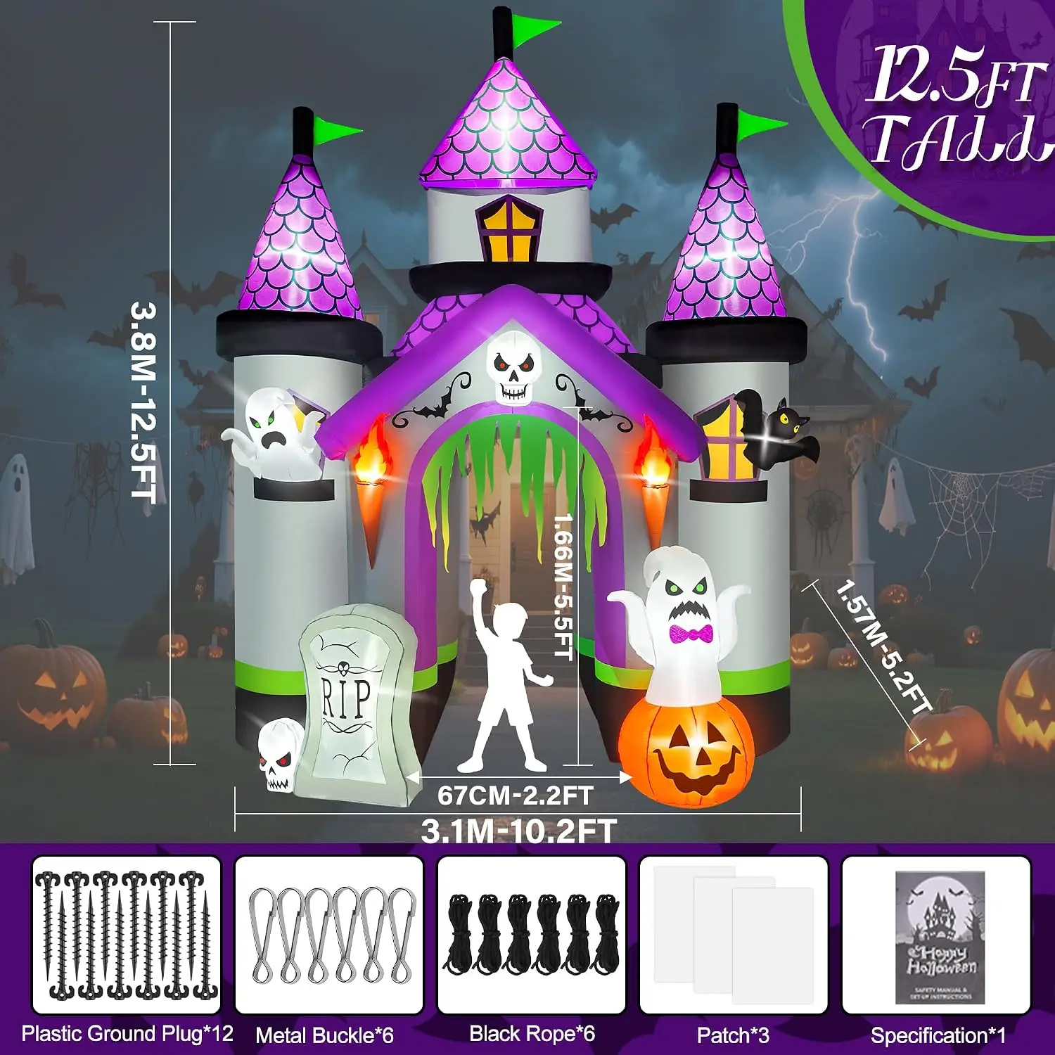 Halloween Inflatable Archway 12.5Ft - Scary Haunted House Castle with Giant Ghost & Pumpkin Motifs, Electric Blow-Up Outdoor Yard Decoration for Garden, Lawn, and Indoor Holiday Use