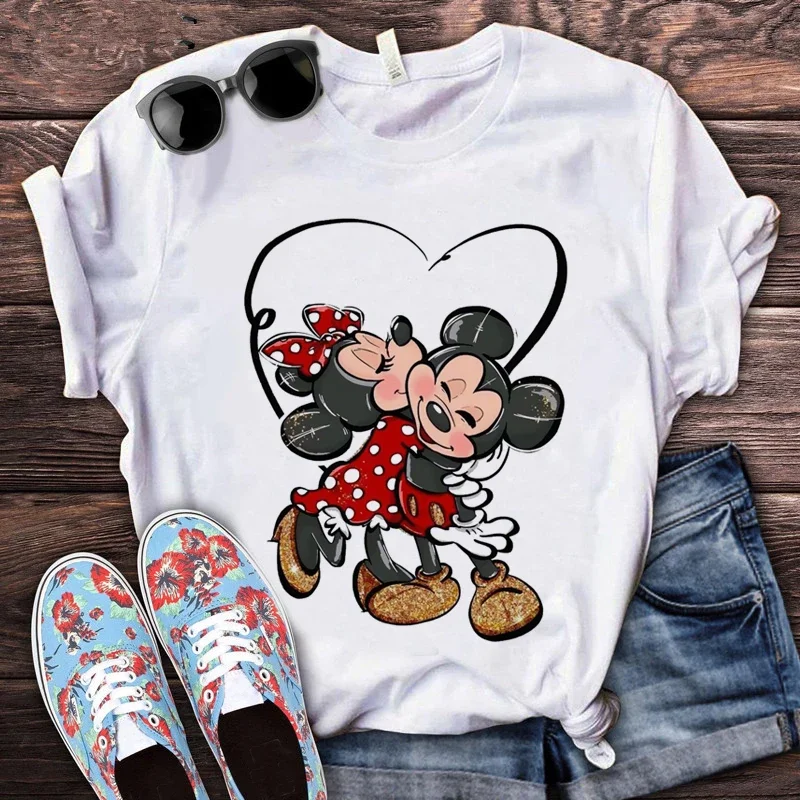 Disney Kawaii Mickey Mouse Kaus Kartun Wanita Y2K Kaus Uniseks Minnie Mouse Pasangan Kaus Lucu Pola Harajuku Atasan Wanita