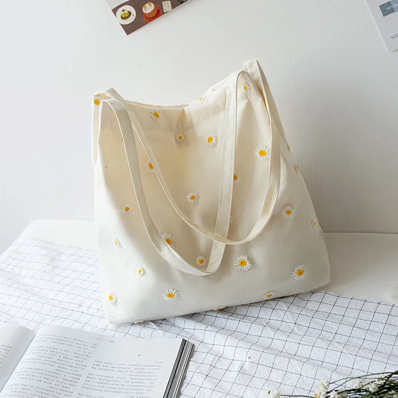 Cute Girl Canvas Handbag Spring Casual Bag Follower Embroidery Lady Bag For School And Work