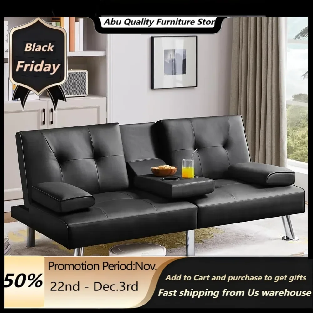 Office Sofas ， Convertible Sofa Bed Adjustable Couch Sleeper Modern Faux Leather Recliner Reversible Loveseat Folding D