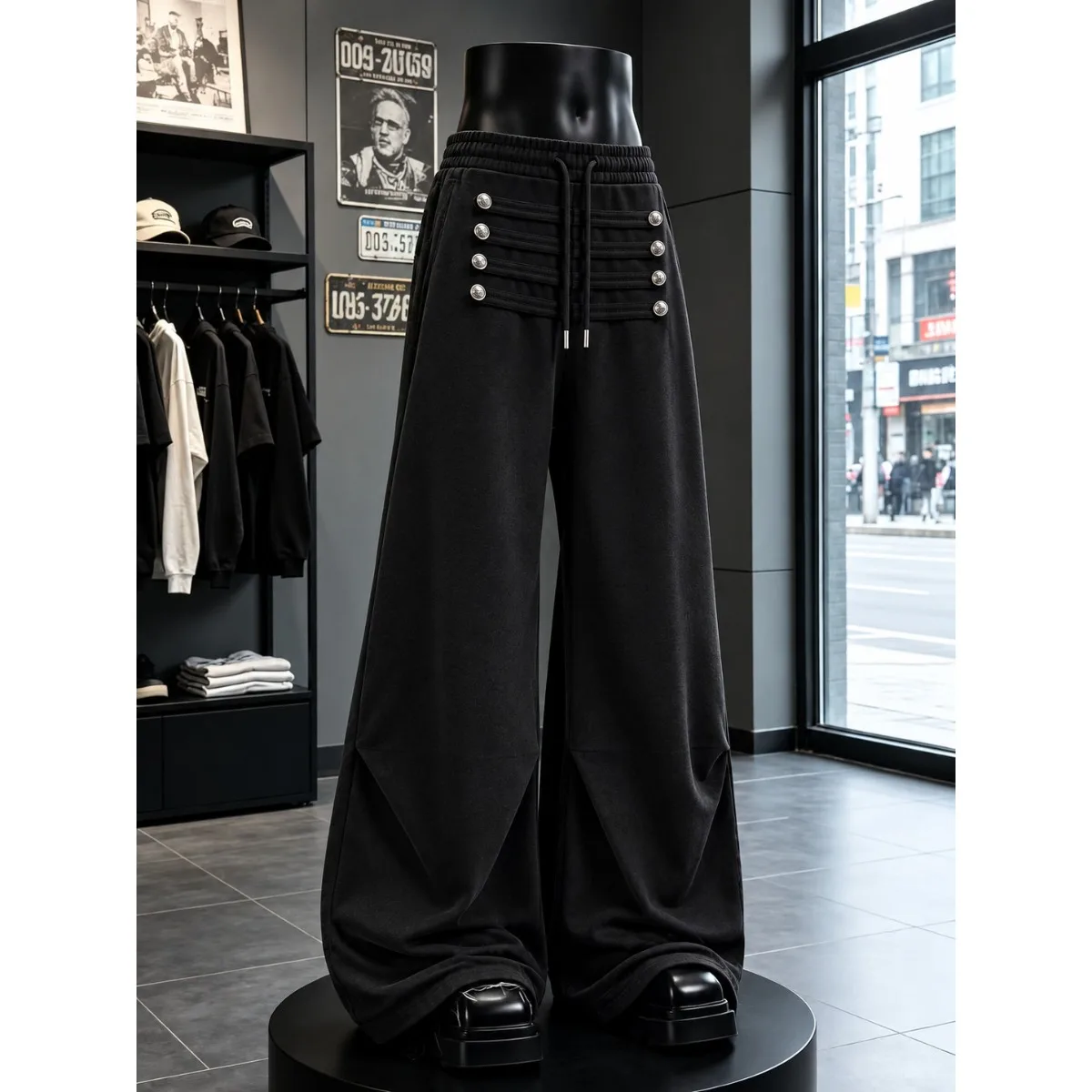 Vintage Distressed Straight Leg Pants Casual Wear for Men Double Waist Head Design Autumn Winter Polyester Fiber No Ironing N...