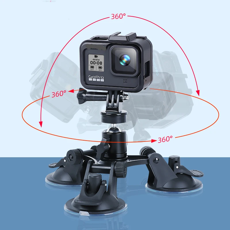 Triple Suction Cup Mount untuk DJI OSMO Action 4 3 Gopro 13 12 11 10 9 8 7 dengan 1/4 "benang adaptor standar untuk Insta360 X4 X3 X2