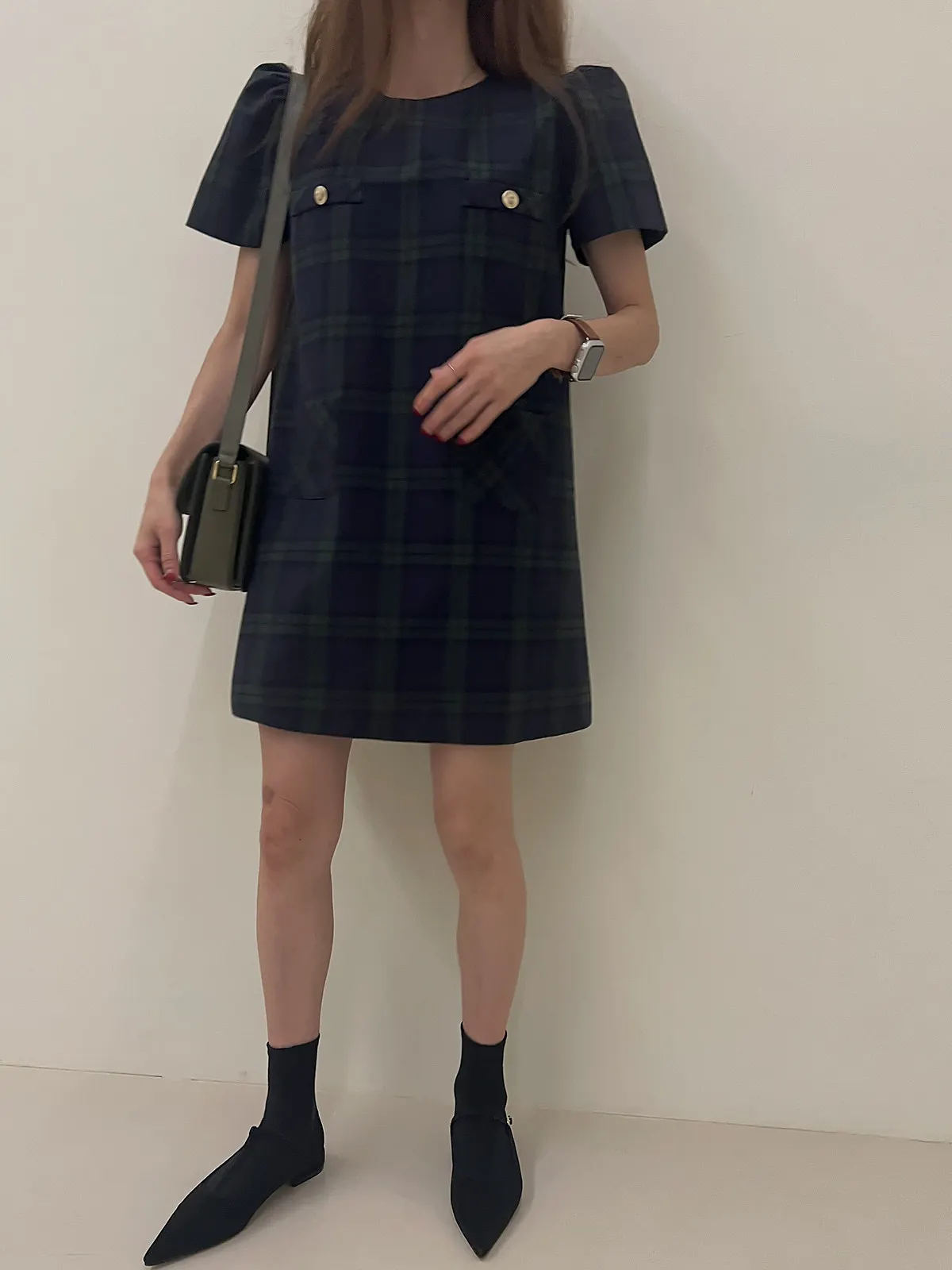 

Women's Summer Straight Short Plaid Dress Vintage Round Neck Pullover Mini Sundress Female 2024