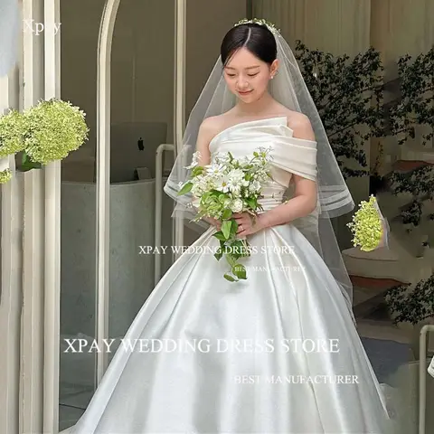 XPAY 우아한 새틴 오프 숄더 한국 웨딩 드레스, 맞춤형 웨딩 사진 촬영 신부 가운, 레이스업 맞춤형 신부 원피스