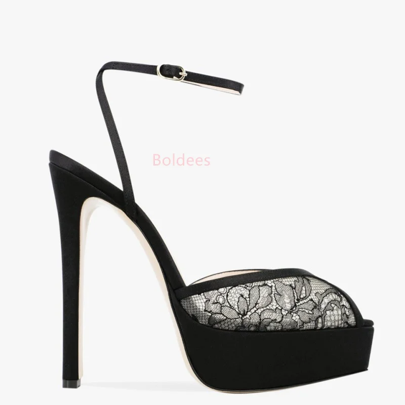 

Luxury Shoes Women High Heels Pointy Peep Toe Lace Mesh Platform Stiletto Sharp Heel Slingbacks With Crystals