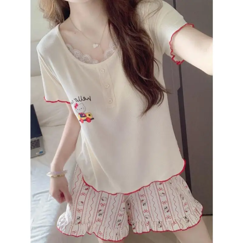 

Комплект для сна Hello Kitty из двух предметов с подушечками для груди, новая летняя одежда для девочек с короткими рукавами и шортами, милая домашняя одежда, которую можно носить на улице