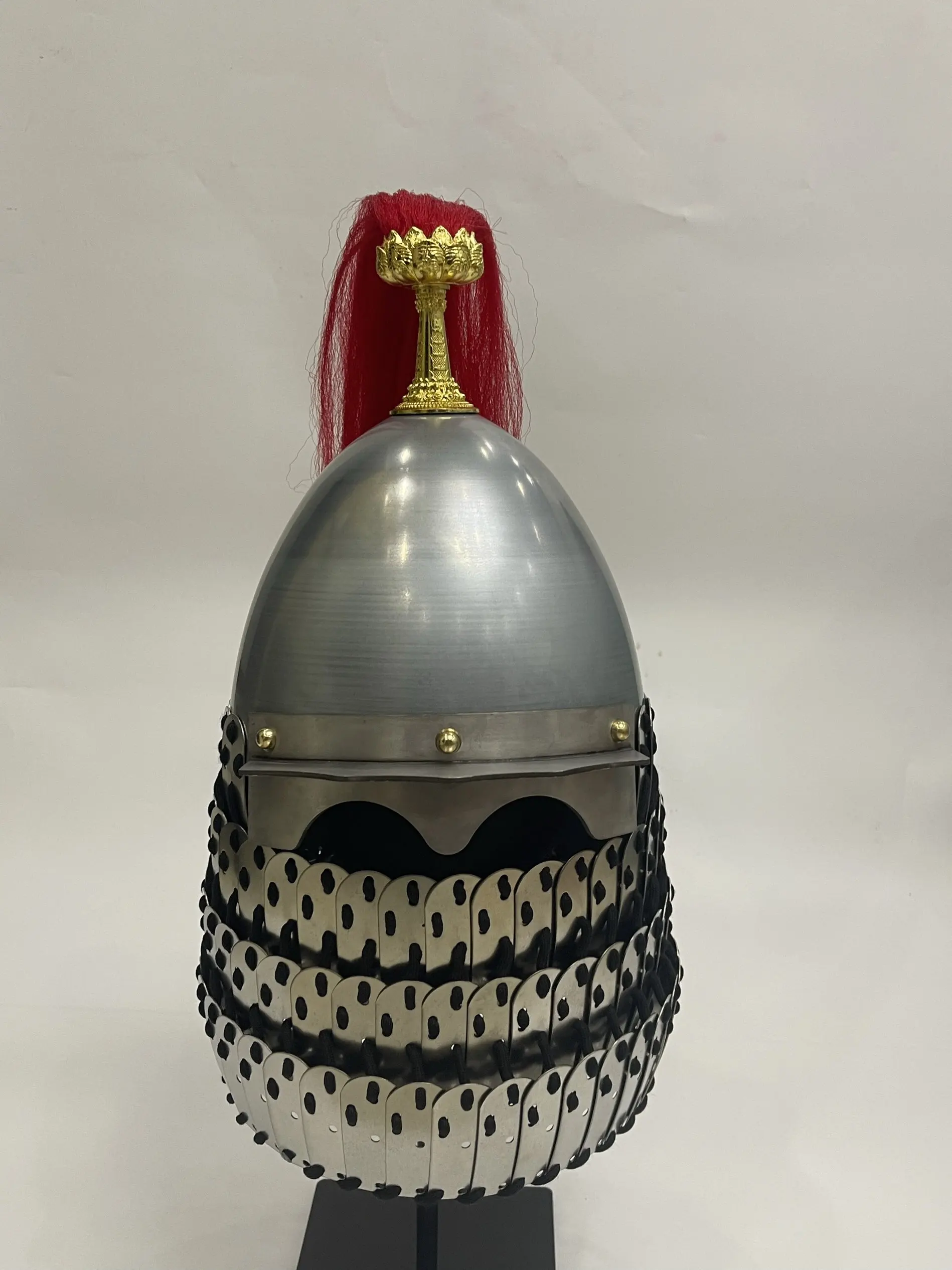 Traditional Chinese General Scale Lamellar Helmet, Metal Warrior Head Guard Armor With Red Plume Ornament for Cosplay Costume