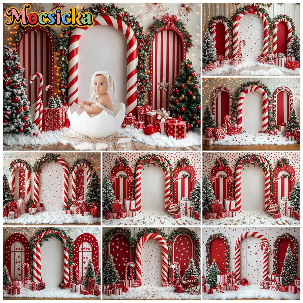 Toile de fond de Noël Mocsicka, arche en forme de canne de bonbon, motif rayé rouge et blanc, toile de fond pour photos, arbre de Noël, boîte à cadeaux, neige, accessoires de studio hivernaux, bannière.