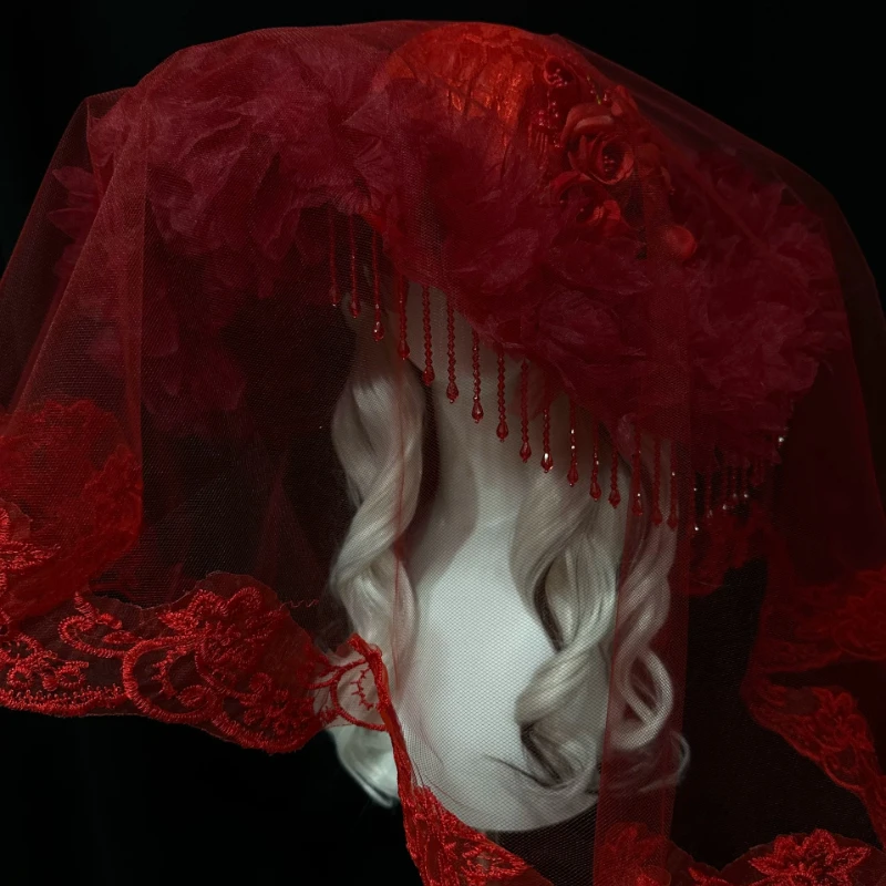 

Wine Red Widow Hat Gothic Lolita Headdress with Veil Royal Court Bonnet for Women Wide Brim Cap with Tassel Dark Costume Hat
