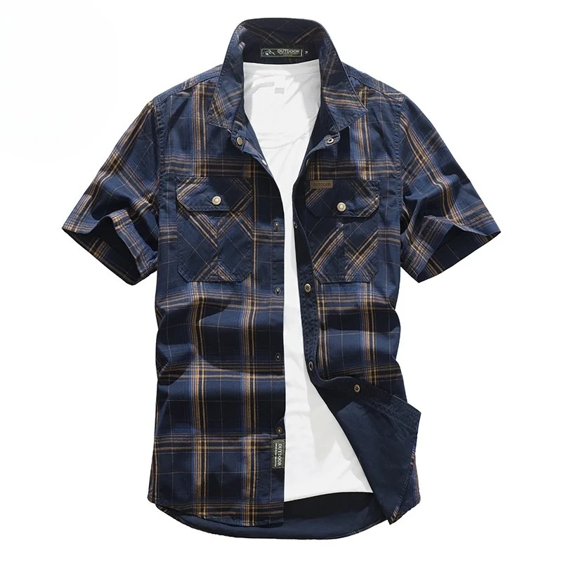 

Maxbarley Summer Shirt Men Casual Fashion Cotton Plaid Button Short Sleeve Man Large Size Hiking Hunting Thin Pocket Work Tops