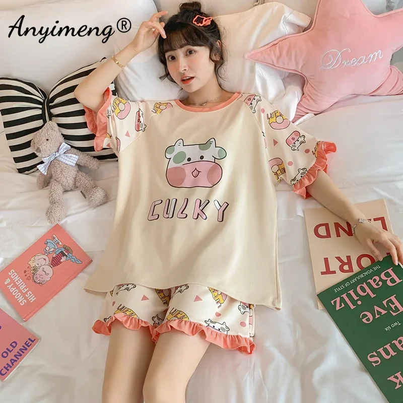 Kawaii Cartoon Dinosaur Pajamas Set for Womens Summer M-5XL Girls Shorts Fashion Loungewear Women Cute Pijamas Lady Sleepwear