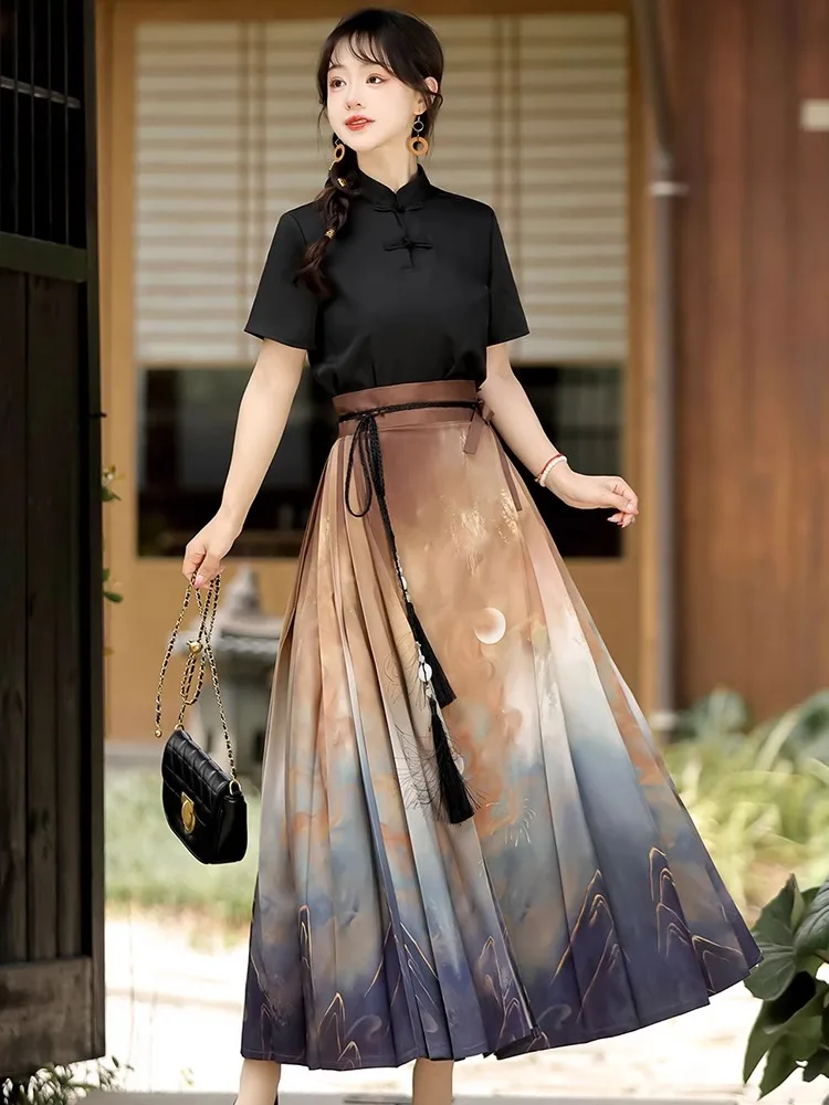 Ming system Hanfu female national style new Chinese summer short-sleeved shirt with horse skirt daily suit dress