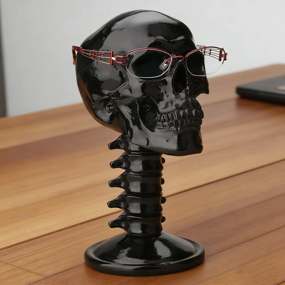 Black Resin Skull Head with Spine Eyeglass Holder Hat Holder Jewelry Rack Gothic Desktop Ornament Halloween Decor Gift