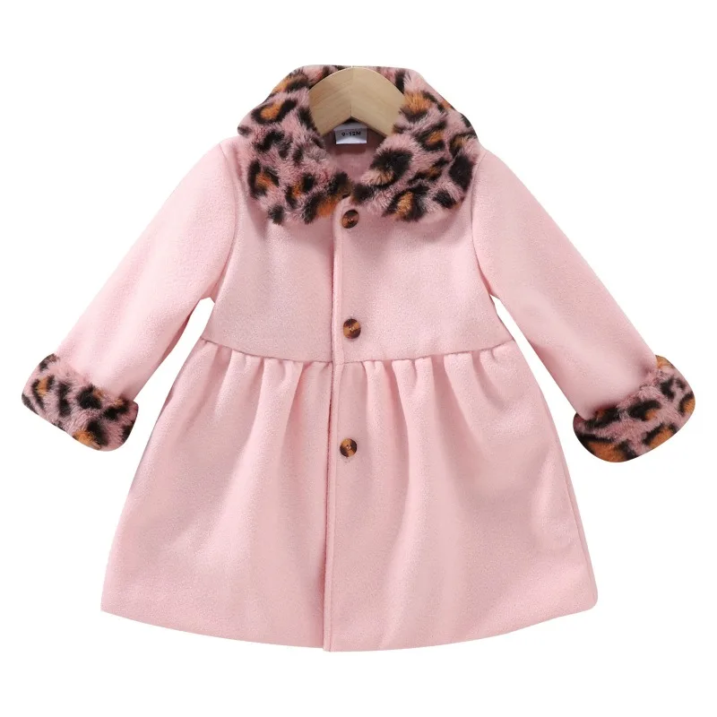 2023 autunno inverno lungo cappotto di lana per le ragazze moda leopardo a maniche lunghe Trench giacca capispalla lana calda vestiti per bambini