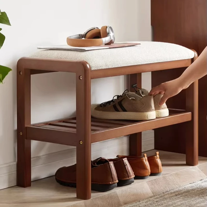 Modern Entryway Bench with Cushion, Two-Tier Shoe Organizer & Ottoman Stool for Hallway, Aesthetic Home Decor