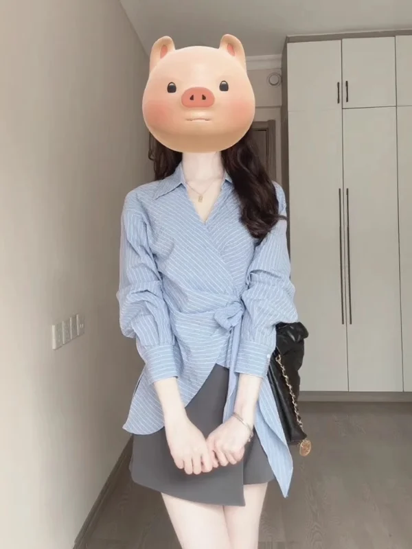 

Женская рубашка больших размеров в корейском стиле, в полоску, с асимметричным разрезом, длинными рукавами, на пуговицах, с завязками на талии, уникальная и элегантная