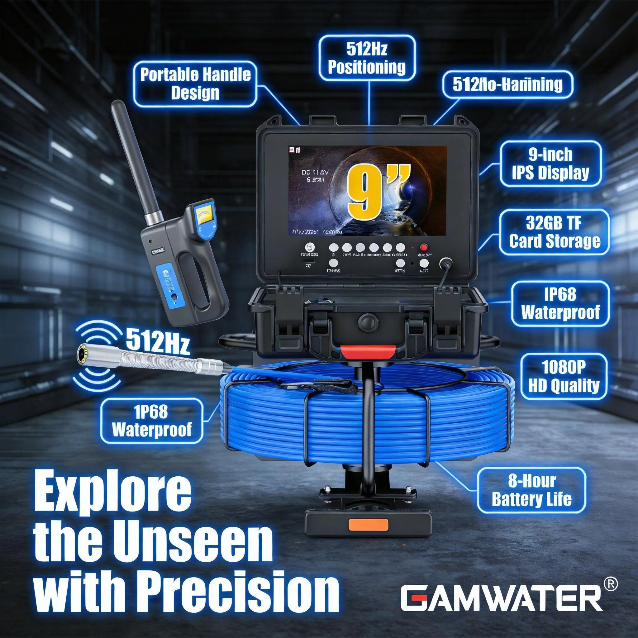 

9" Trolley Sewer Camera 7mm 512Hz Locator DVR AHD 1080P Self-Leveling IP68 Drain Pipe Inspection Video Endoscope Meter Counter