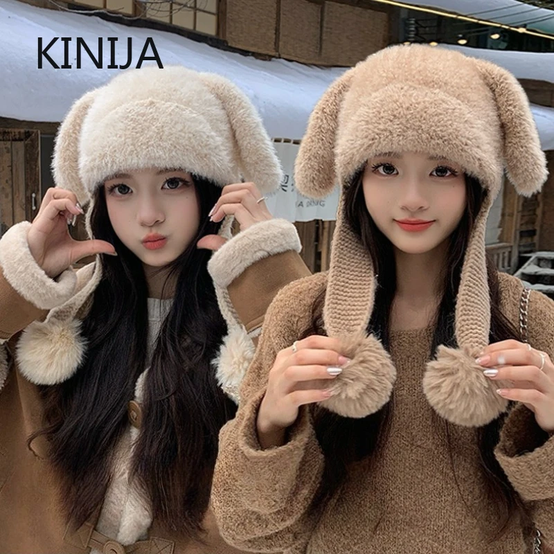 Kaninchen Frauen Plüsch Beanie Cap Süße Mädchen Ohr Schutz Hut Winter Verdicken Warme Kopfbedeckungen Motorhaube Koreanische Pullover Kappe