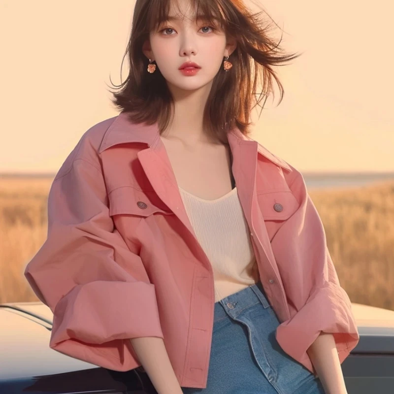 

2025 New Spring Autumn Short Pink Jacket Women Korean Style Casual Loose Windbreaker Coat Female Long Sleeve Outwear Wild Tops