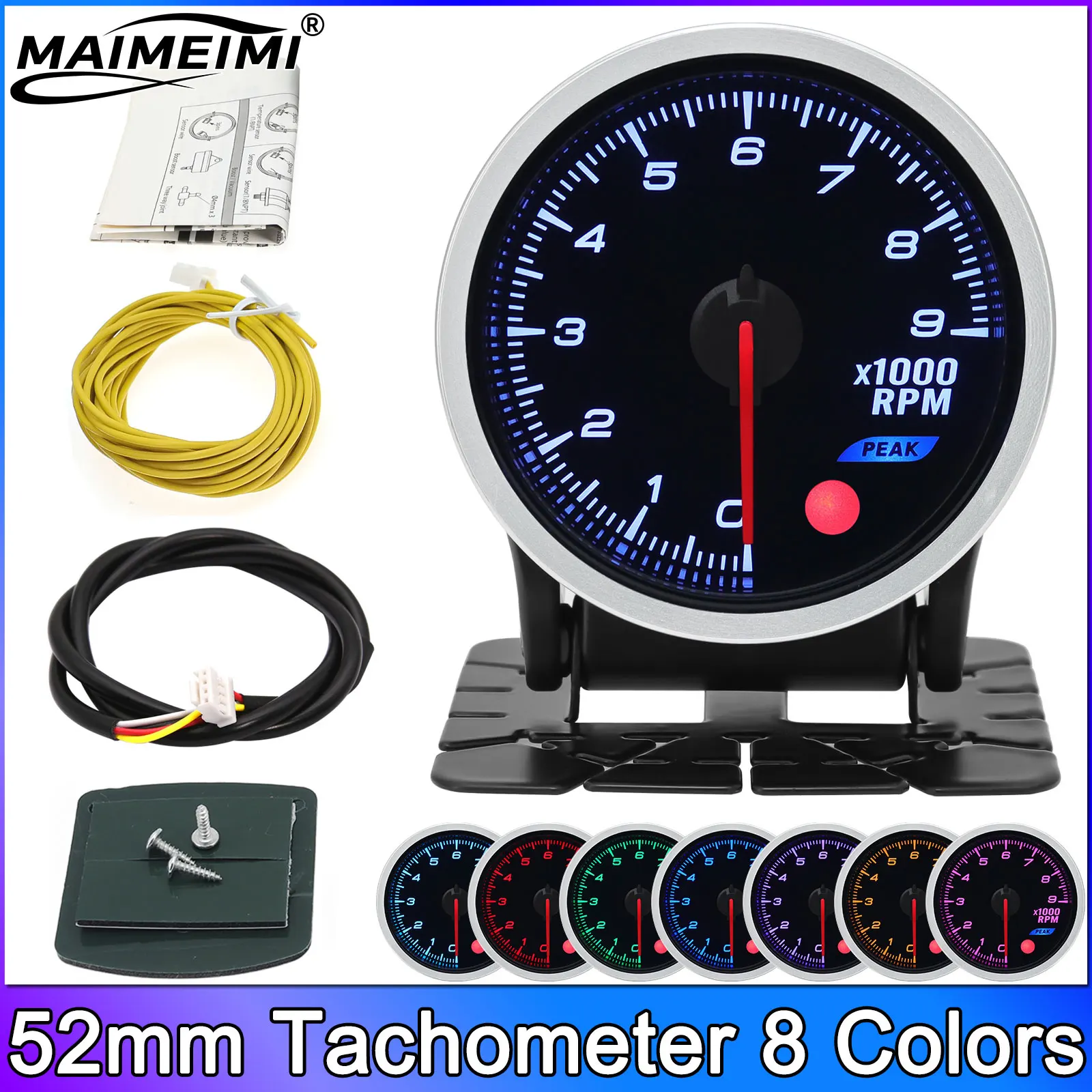 

8 Color Backlight 52mm Tachometer 9000 RPM Meter Gauges Universal Accessories for 12V Car Gasoline Generator Speed Tachometer