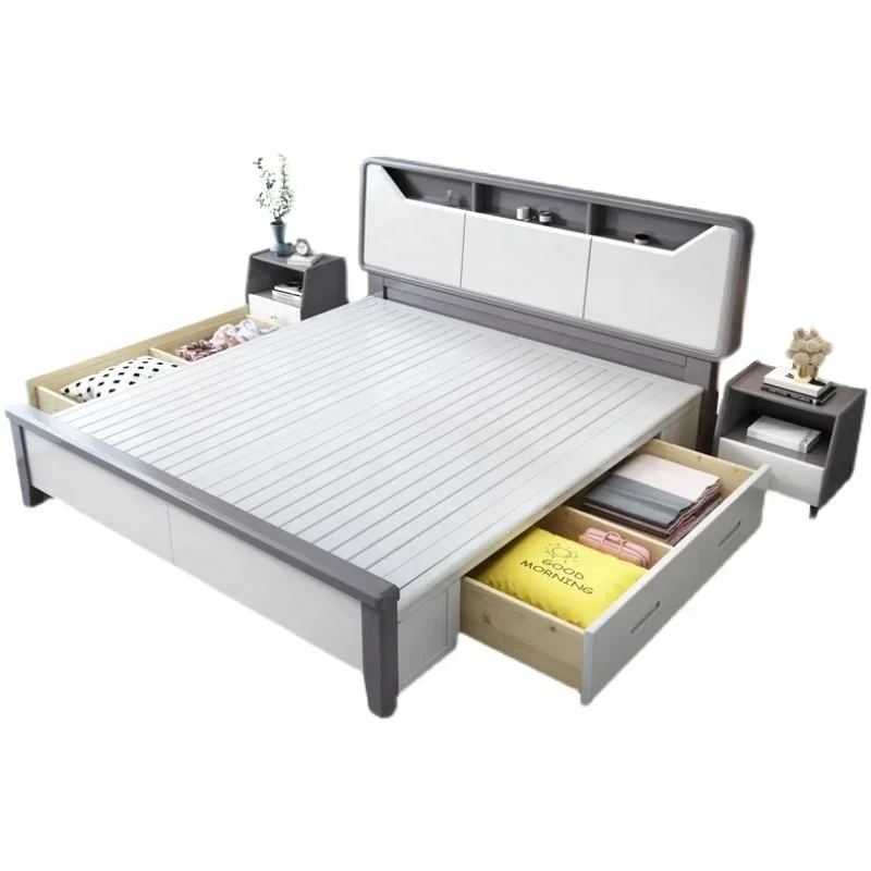 Solid Wood Bed 1.8m Double Bed Master Modern Simple King Bed White Storage High Box Furniture