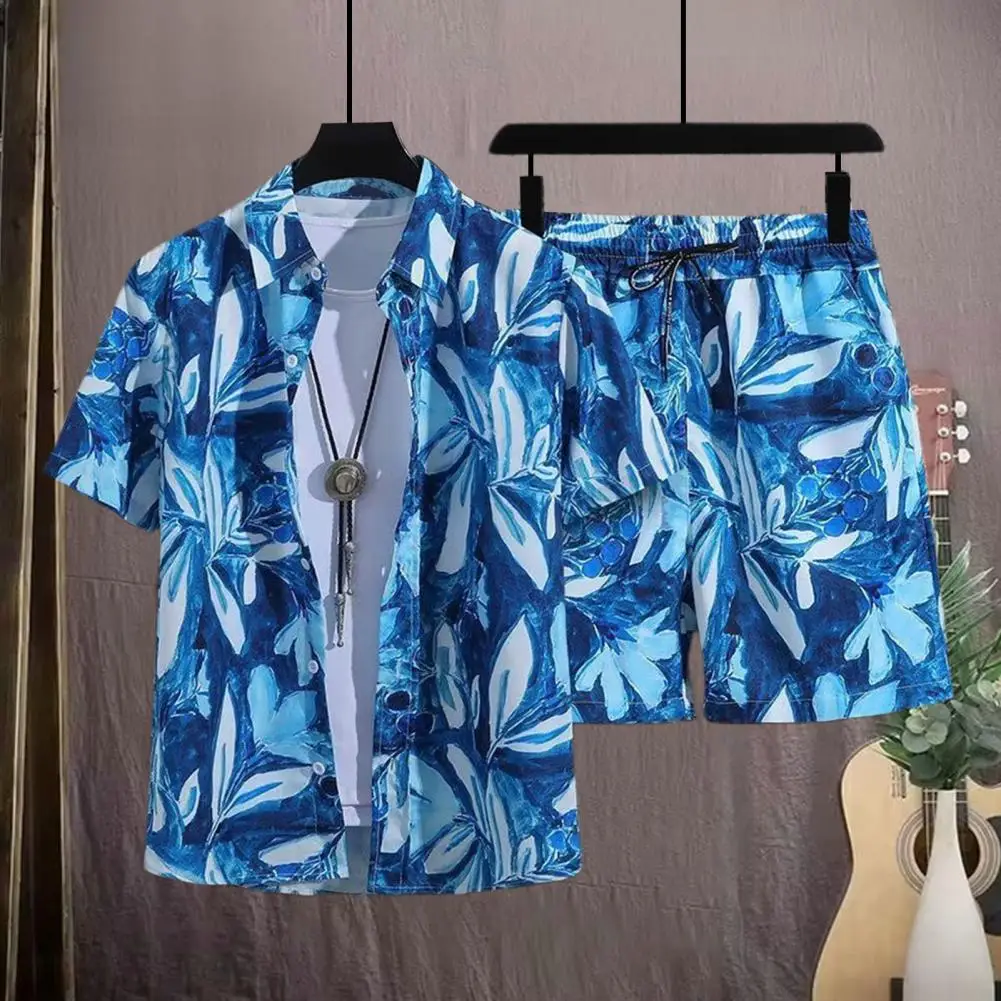 Short Sleeve Shirt Hawaiian Style Outfit Set with Pattern Shirt Elastic Drawstring Shorts Beach Outfit for Men 2pcs/set Men