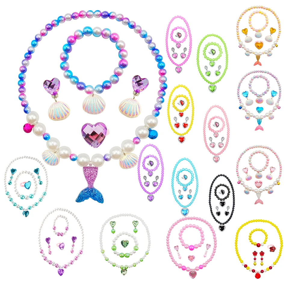 Girl Princess Necklace Bracelet Earclip Sets Kids Colorful Crystal Ornaments Child Halloween Cosplay Party Accessory Play House