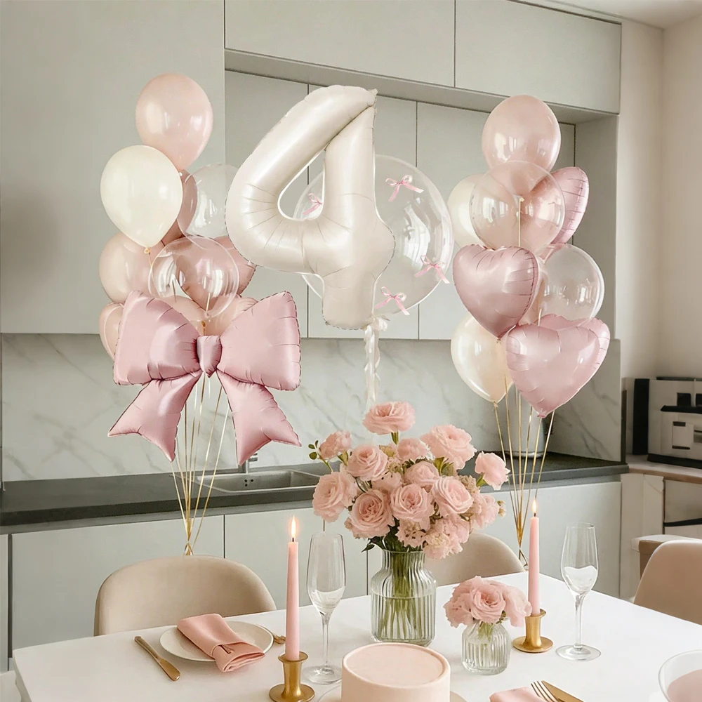 Milchweißes Zahlen- und Schleifenballon-Set Rosa Schleifenband Transparenter Bobo-Ballon für Geburtstagsfeier Jubiläumsfeier Dekoration – Detail 3
