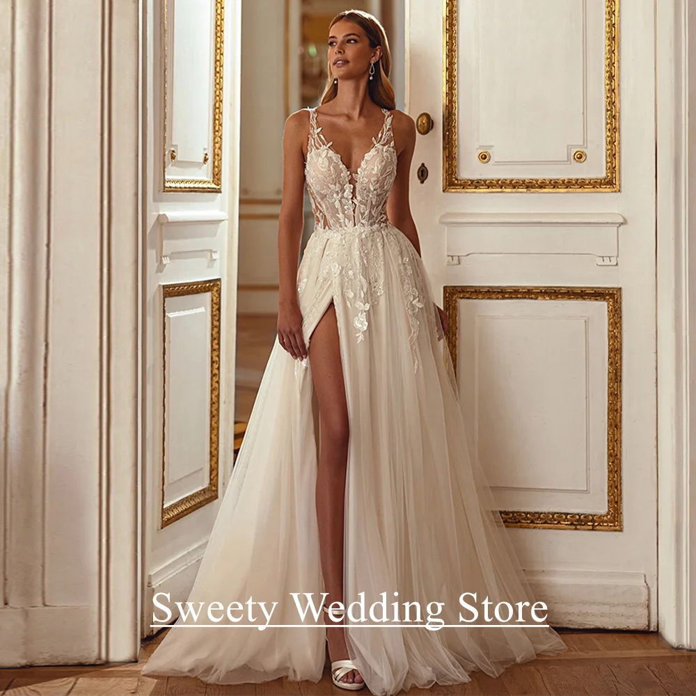 

Woman Bride Wedding Dress Customized Sexy V Neck Sleeveless See Through Applique Soft Tulle Split A Line Bridal Gowns