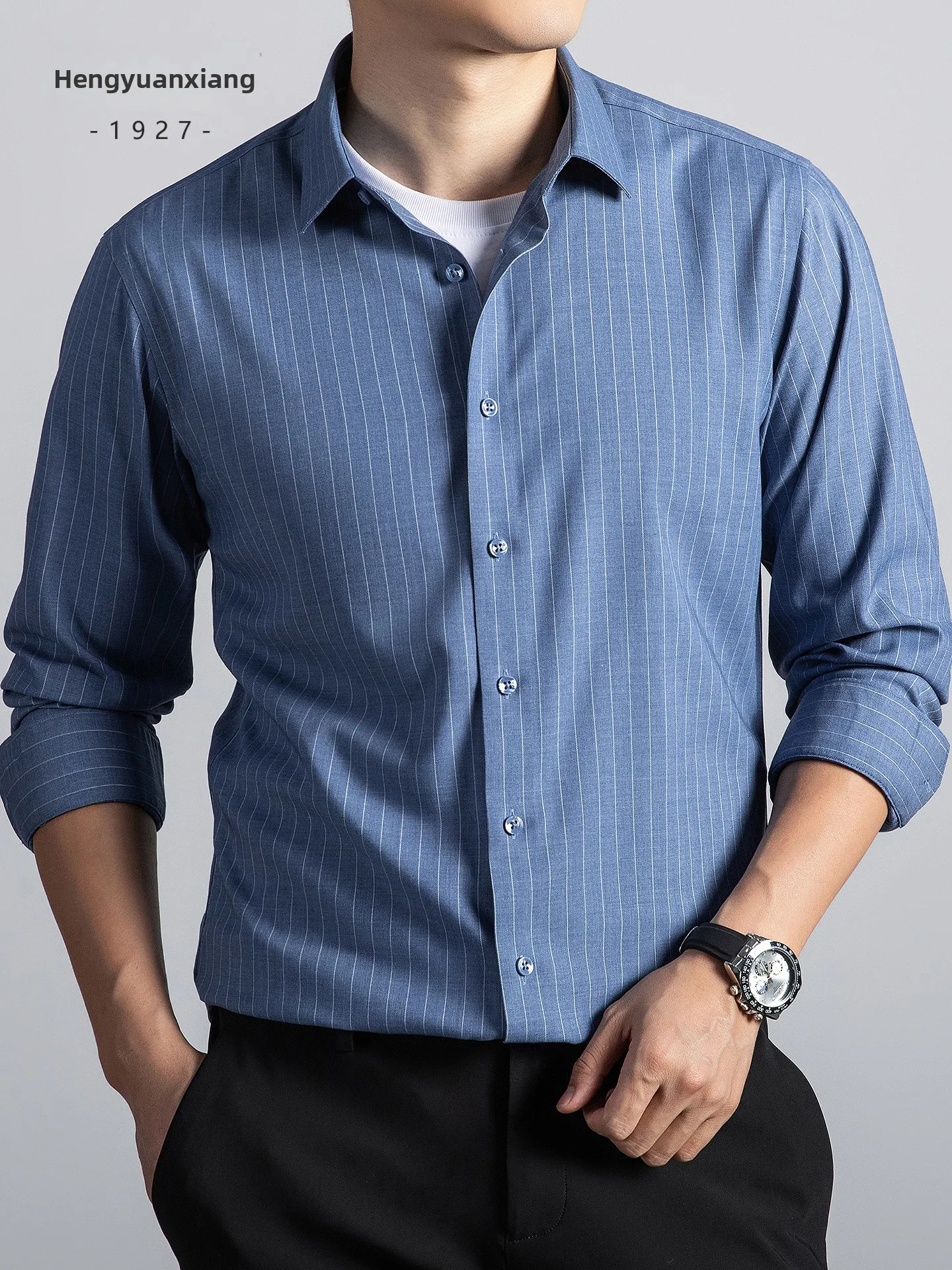 Hengyuanxiang Men's Long Sleeve Casual Shirt with Wool Stripe Pattern Standard Fit Polyester Modal Blend Youth Spring Autumn