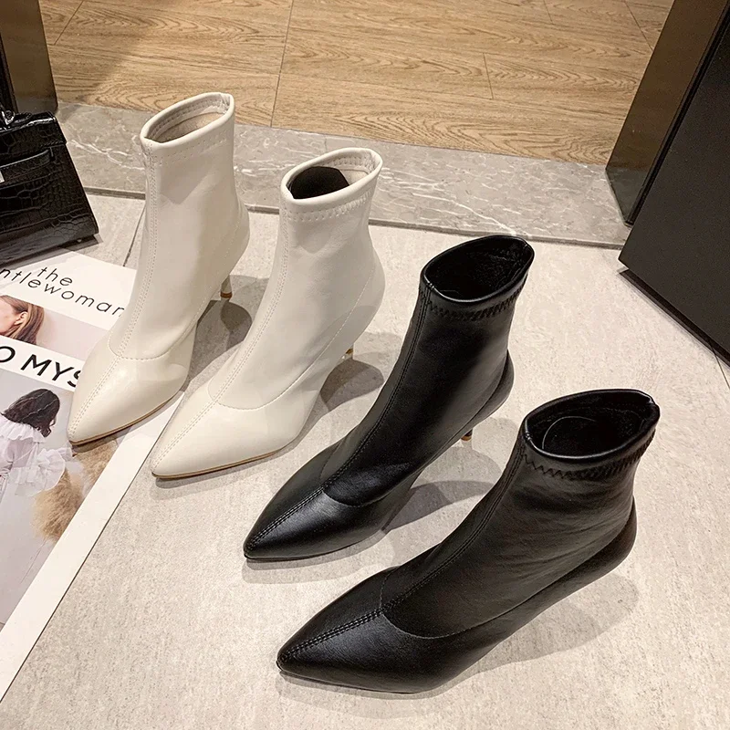 Botines de mujer a la moda, zapatos de punta estrecha de cuero sólido, Otoño Invierno, tacón alto, botas cortas ajustadas elásticas elegantes para mujer