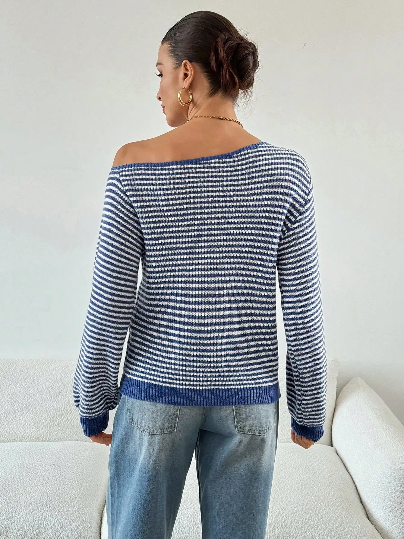 Women's Navy White Striped Off-Shoulder Knit Top Waffle Texture Long Sleeve Slim Pullover