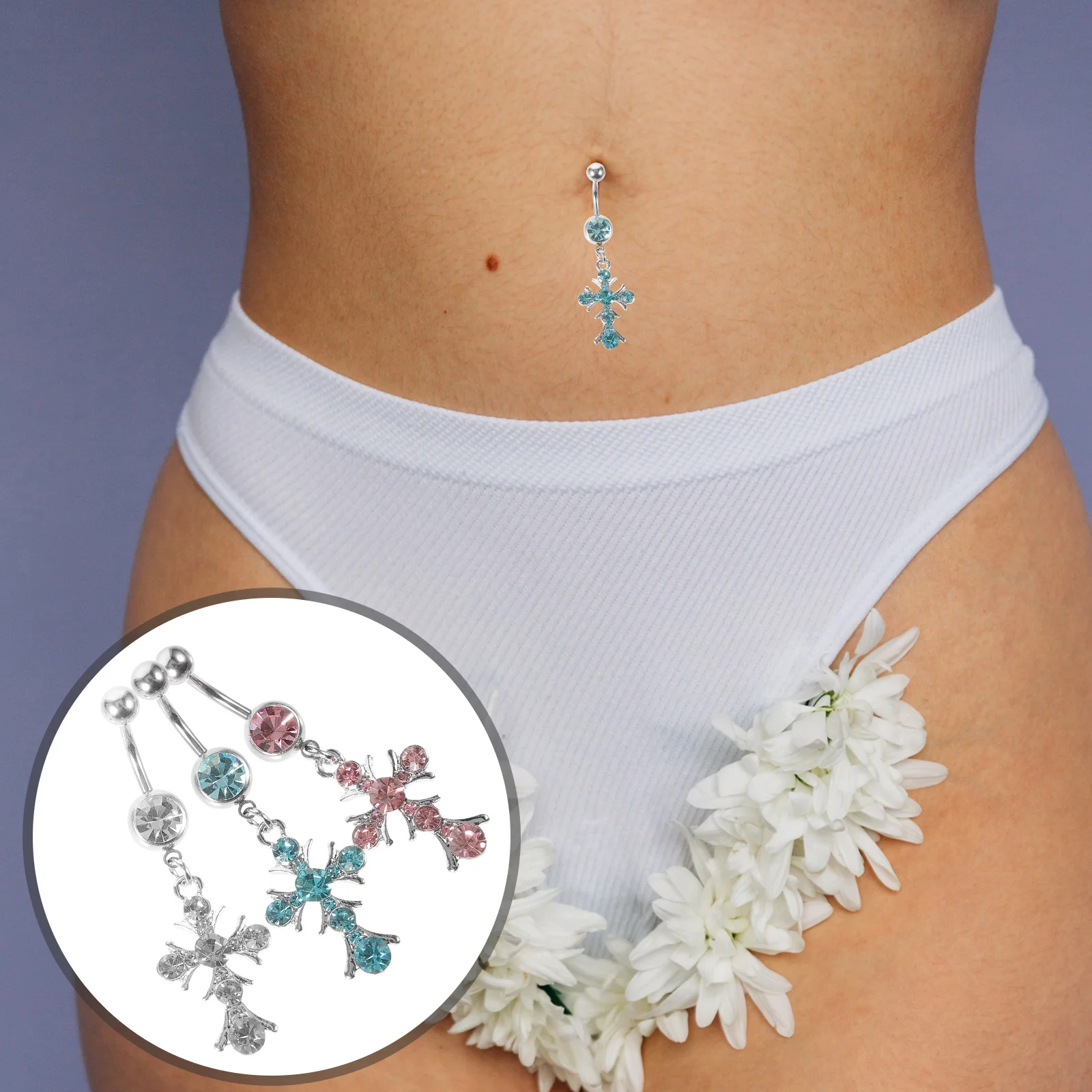 

3 Pcs Ring Shiny Rhinestone Piercing Jewelry Navel Piercing Jewelry White Blue Pink Alloy Women Belly Ring Long Wear