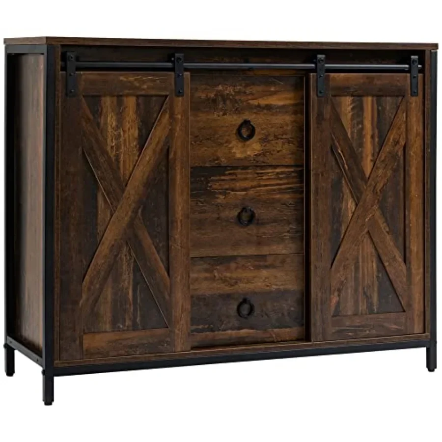 Industrial Farmhouse Buffet Cabinet for kitchen or living room use, rustic brown wood finish, sliding barn doors, three drawers