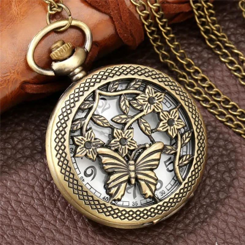 Bronze Half Hunter Butterfly Flower Case Unisex Analog Quartz Pocket Watch Chain Pendant Clock Collectable Reloj De Bolsillo