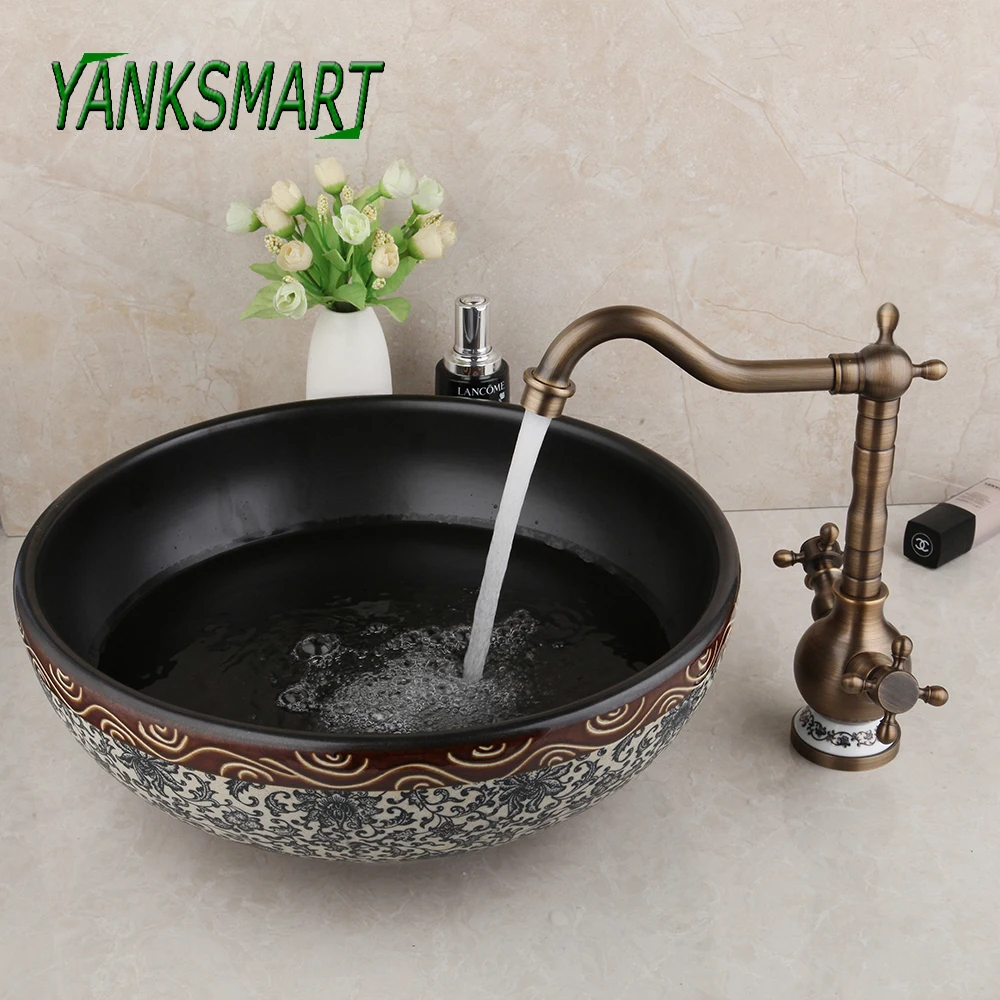 

YANKSMART Art Round Ceramic Vessel Bathroom Basin Sink Antique Brass Faucets Kit Cold And Hot Mixer Water Tap With Pop-up Drain