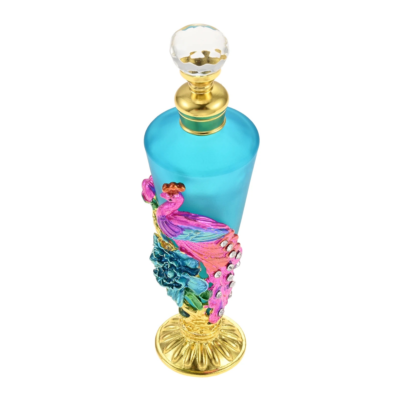 Handmade Empty Perfume Bottle 30ml Purple Peacock Rhinestone Tail Enamel Flower Frosted Blue Glass Vase Crystal Lid Gilt Base