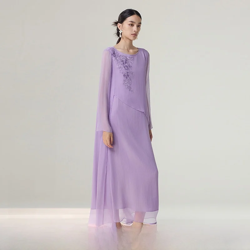 

Элегантное вышитое шелковое платье женское, А-силуэт, с длинным рукавом, круглым вырезом, на талии, с бисерной отделкой, осенне-зимняя новинка