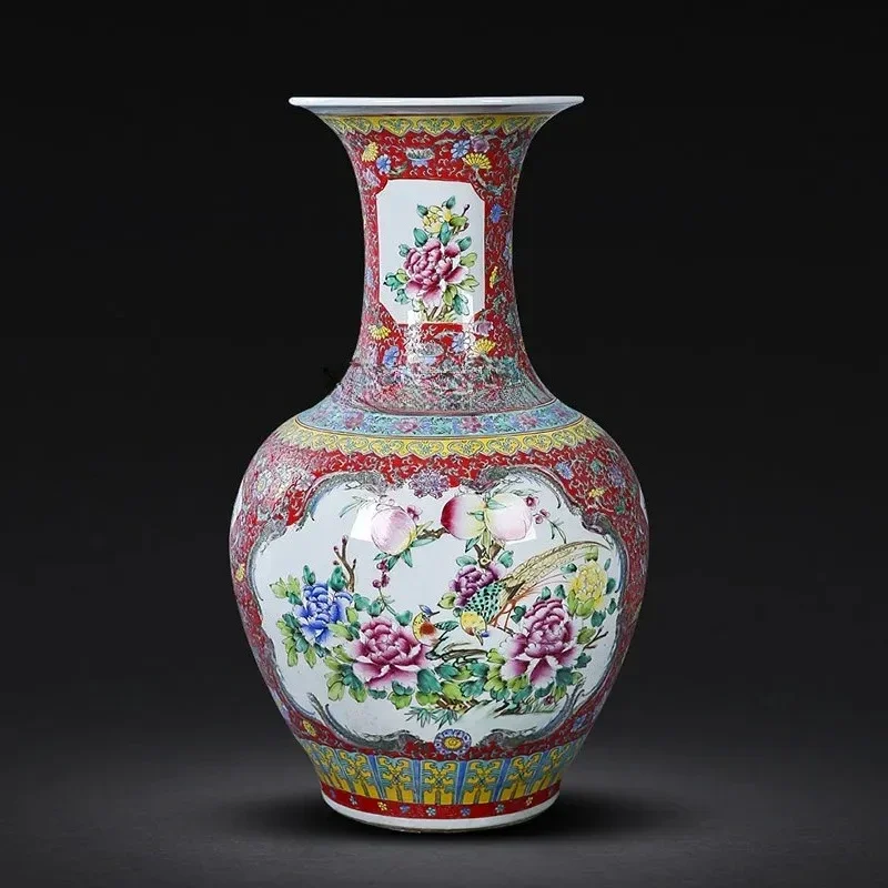 Jingdezhen Ceramic Floor Vase Hand Painted Pastel Peony Golden Pheasant Decorating Vase Big Belly Bottle Geomancy Decoration
