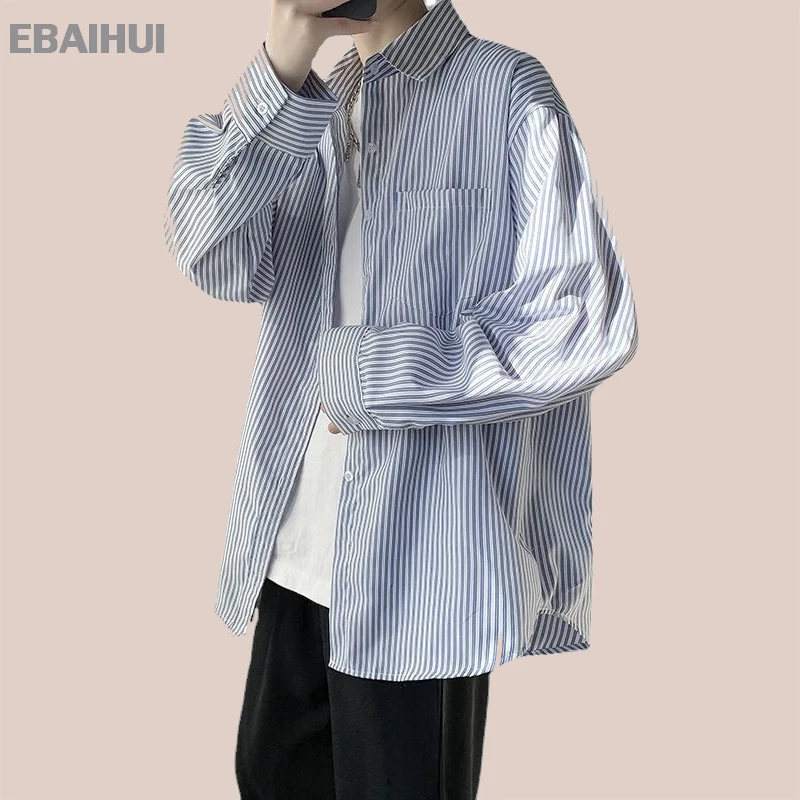 EBAIHUI Men's Shirts Vertical Stripes Long-sleeved Tops Japanese Casual Couples' Jackets Neutral Handsome Loose and Versatile