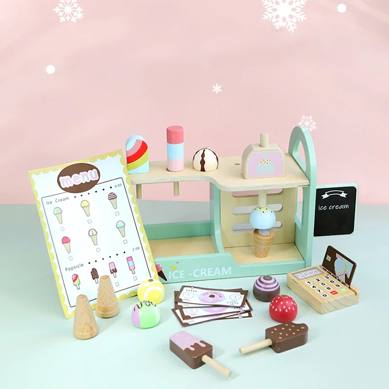 Ensemble de jouets de cuisine de Simulation, comptoir de crème glacée en bois, ensemble de jeu pour garçons et filles, Mini nourriture Montessori, jouets pour enfants, cuisson de fête de mariage