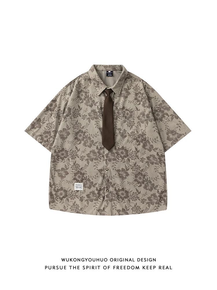 

Wukong Has Sto Japanese Sle Retro Floral Print ort Sve irt Men's Faionable Netie irt Casual Loose Fit Summer...