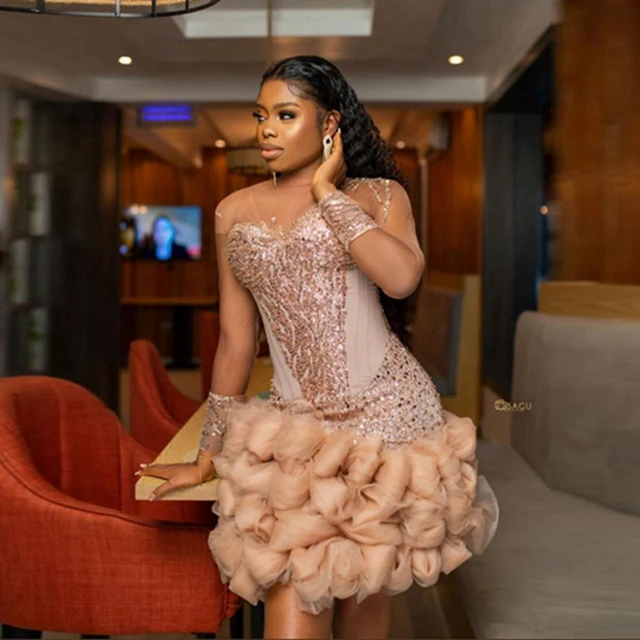 Brokat szampana cekiny tiul Mini afryka sukienka koktajlowa zobacz przez iluzję Ruffles Mesh krótkie formalne sukienki na przyjęcie Aso Ebi Prom