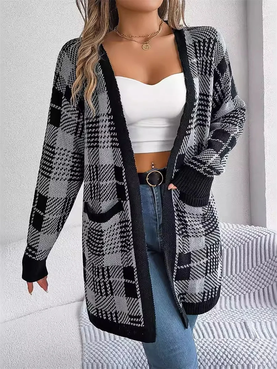 Womens Plaid Long Cardigan Open Front Long Sleeve Sweater with Pockets Casual Streetwear