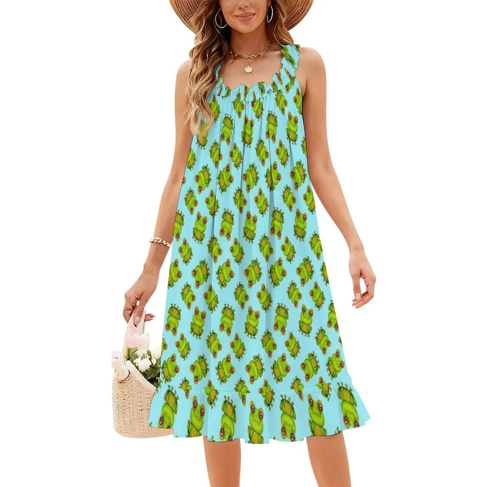 فستان "لطيف على شكل ضفدع" بنمط فتحة عنق على شكل قلب فستان صيفي أنيق للحفلات للنساء على شكل ضفدع حلو على شكل ضفدع حلو للنساء