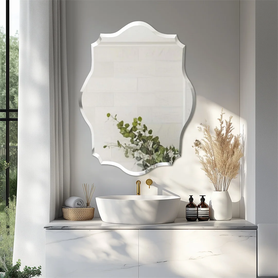 

LUVODI Minimalist Frameless Wall Hanging Mirror Asymmetrical Vanity Mirror with Beveled Edge for Bathroom,Entryway