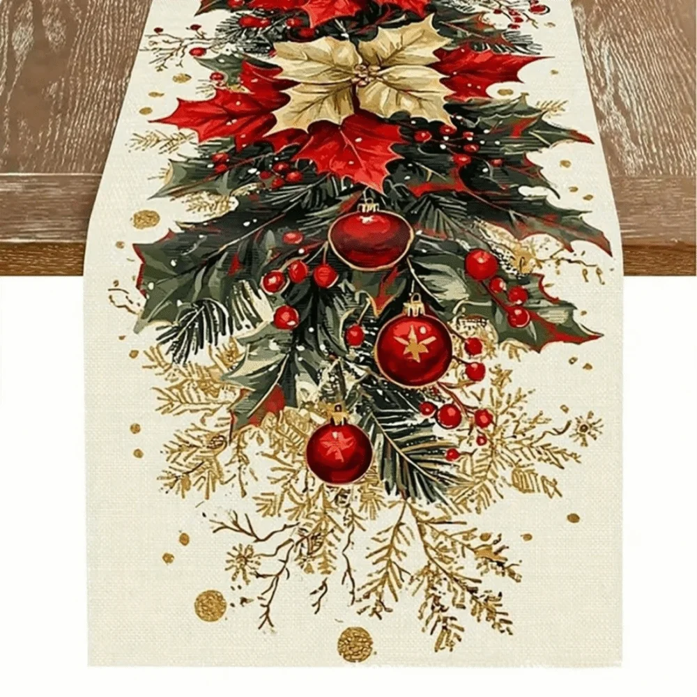Santa Snowman Christmas Table Runner Tabletop Decoration Flower Xmas Table Flag Vintage Reindeer Poinsettia Table Runner