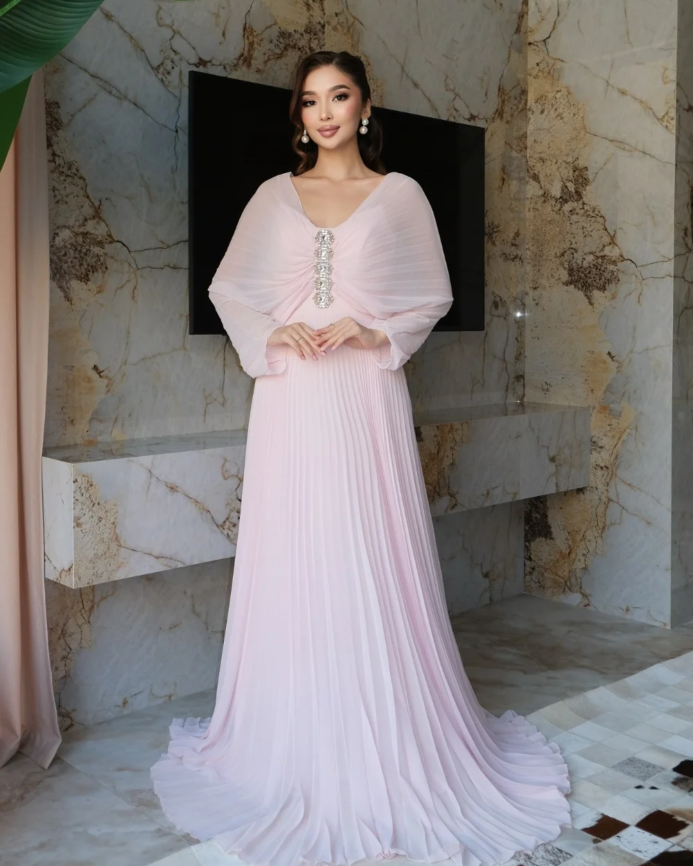 Customized Sparkle Matching Chiffon Pleat Draped Rhinestone A-line V-neck Long Dresses Bespoke Occasion Dresses High Quality